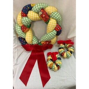 Vtg Christmas Wreath Braided Fabric Plush Stuffed Button Wreaths Holiday Country